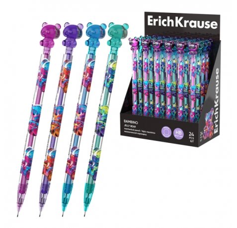 ErichKrause Bambino Jelly Bear Expositor con 24 Portaminas - Mina HB de 0.7mm - Osito Decorativo - Ergonomico - Colores Surtidos