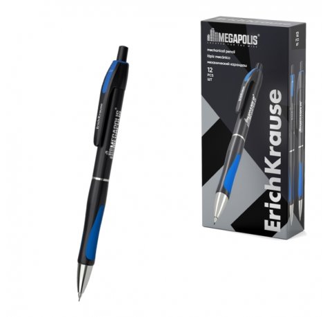 ErichKrause MEGAPOLIS Concept Portaminas - Mina HB de 0.9mm - Agarre de Goma - Pinza - Cuerpo Redondo - Ergonomico - Color Negro (12 uds)