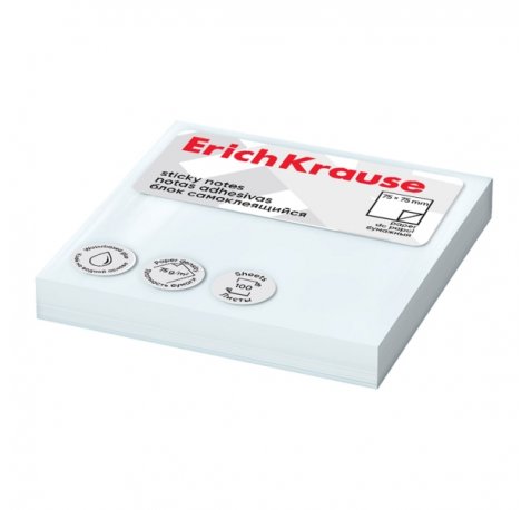 ErichKrause Bloc de 100 Notas Adhesivas Reposicionables - Papel de 75g/m2 - 75x75mm - Pegamento a Base de Agua - Color Blanco (12 uds)