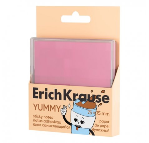 ErichKrause Yummy Bloc de 80 Notas Adhesivas Reposicionables - Papel de 75g/m2 - 75x75mm - Caja de Plastico - Pegamento a Base de Agua - Color Rosa