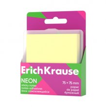 ErichKrause Neon Bloc de 80 Notas Adhesivas Reposicionables - Papel de 75g/m2 - 75x75mm - Caja de Plastico - Pegamento a Base de Agua - Color Amarillo