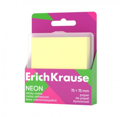 ErichKrause Neon Bloc de 80 Notas Adhesivas Reposicionables - Papel de 75g/m2 - 75x75mm - Caja de Plastico - Pegamento a Base de Agua - Color Amarillo