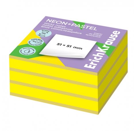 ErichKrause Neon+Pastel Bloc de 250 Notas Adhesivas Reposicionables - Papel de 75g/m2 - 51X51mm - Pegamento a Base de Agua - Colores Surtidos (12 uds)