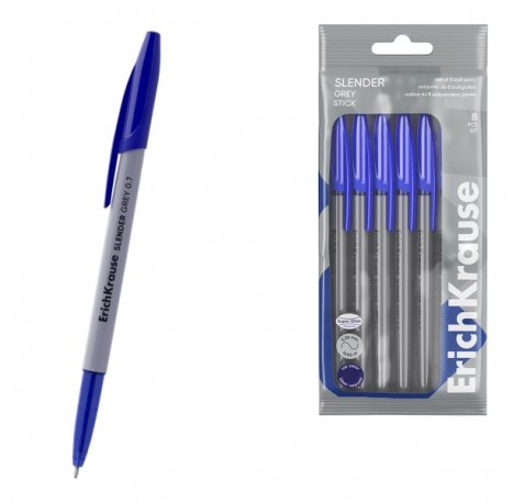 ErichKrause Slender Stick Grey Pack de 8 Boligrafos con Capuchon - Punta de Aguja 0.7mm - Cuerpo Opaco Gris - Trazo 0.26mm - Tinta de Baja Viscosidad - Tapa Ventilada - Color Azul