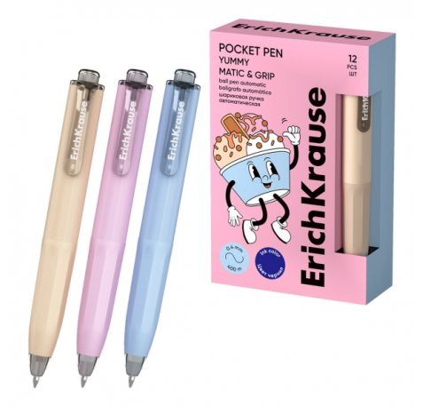 ErichKrause Pocket Pen Matic and Grip Yummy Boligrafo Retractil - Modelos de Cuerpo Surtidos - Trazo 0.4mm - Zona de Agarre de Goma - Color Azul (12 uds)