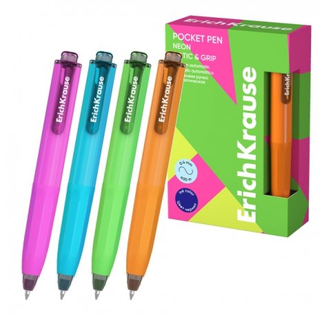 ErichKrause Pocket Pen Matic and Grip Neon Boligrafo Retractil - Modelos de Cuerpo Surtidos - Trazo 0.4mm - Zona de Agarre de Goma - Color Azul (12 uds)