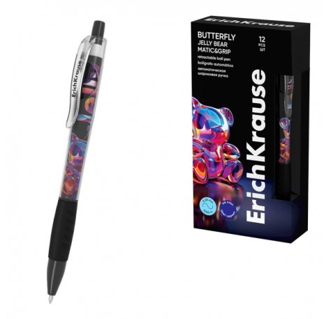 ErichKrause Butterfly Matic and Grip Jelly Bear Boligrafo Retractil - Punta de 0.7mm - Trazo 0.28mm - Zona de Agarre de Goma - Color Azul (12 uds)