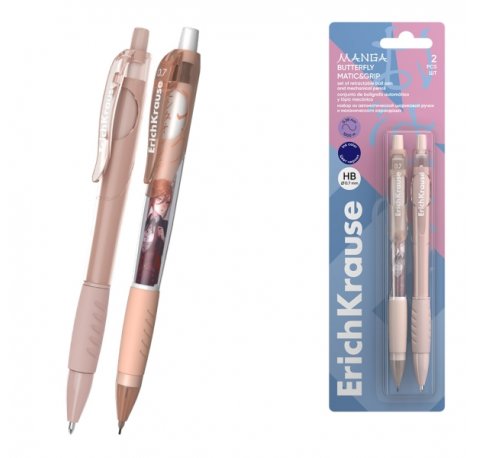 ErichKrause Matic and Grip Pack de Boligrafo Retractil y Portaminas - Punta de 0.7mm - Trazo 0.28mm - Mina HB 0.7mm - Zona de Agarre de Goma - Color Azul