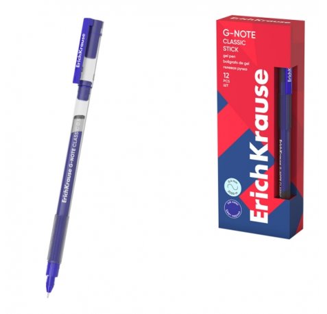 ErichKrause G-Note Stick Classic Boligrafo con Capuchon - Punta de 0.5mm - Trazo 0.4mm - Tinta de Gel - Resistente al Agua - Secado Rapido - Tapa Ventilada - Color Azul (12 uds)