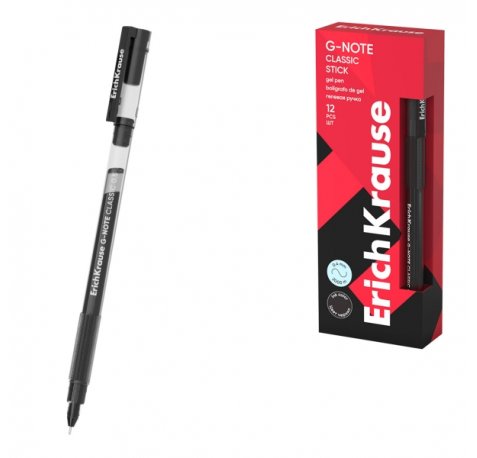 ErichKrause G-Note Stick Classic Boligrafo con Capuchon - Punta de 0.5mm - Trazo 0.4mm - Tinta de Gel - Resistente al Agua - Secado Rapido - Tapa Ventilada - Color Negro (12 uds)