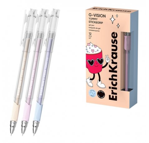 ErichKrause G-Vision Stick and Grip Yummy Boligrafo con Capuchon - Modelos Surtidos - Trazo 0.4mm - Tinta de Gel - Resistente al Agua - Agarre de Goma - Secado Rapido - Tapa Ventilada - Color Negro (12 uds)