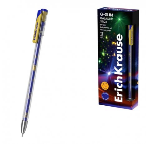 ErichKrause G-Slim Stick Galactic Boligrafo con Capuchon - Punta de 0.5mm - Trazo 0.4mm - Tinta de Gel - Resistente al Agua - Secado Rapido - Tapa Ventilada - Color Azul (12 uds)