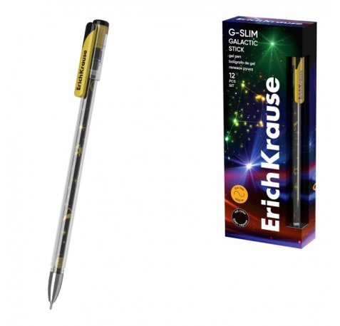 ErichKrause G-Slim Stick Galactic Boligrafo con Capuchon - Punta de 0.5mm - Trazo 0.4mm - Tinta de Gel - Resistente al Agua - Secado Rapido - Tapa Ventilada - Color Negro (12 uds)