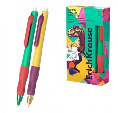 ErichKrause Kiddy Matic and Grip Dino Art Boligrafo Borrable - Modelos Surtidos - Trazo 0.4mm - Secado Rapido - Zona de Agarre de Goma - Color Azul (10 uds)