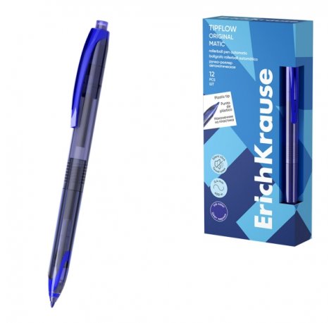 ErichKrause TipFlow Matic Original Boligrafo Retractil - Punta de 0.5mm - Cuerpo Transparente - Trazo 0.4mm - Color Azul (12 uds)