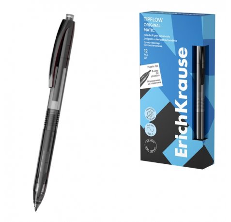 ErichKrause TipFlow Matic Original Boligrafo Retractil - Punta de 0.5mm - Cuerpo Transparente - Trazo 0.4mm - Color Negro (12 uds)