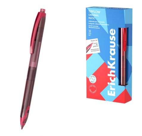 ErichKrause TipFlow Matic Original Boligrafo Retractil - Punta de 0.5mm - Cuerpo Transparente - Trazo 0.4mm - Color Rojo (12 uds)
