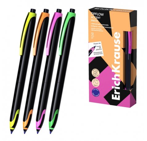 ErichKrause TipFlow Matic Accent Boligrafo Retractil - Modelos de Cuerpo Surtidos - Trazo 0.4mm - Color Azul (12 uds)