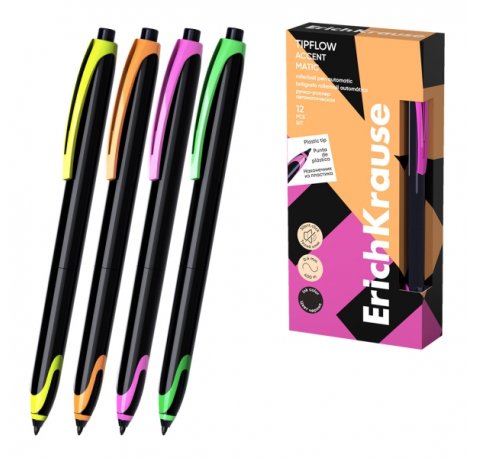 ErichKrause TipFlow Matic Accent Boligrafo Retractil - Modelos de Cuerpo Surtidos - Trazo 0.4mm - Color Negro (12 uds)