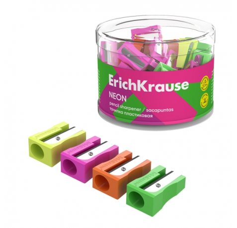 ErichKrause EasySharp Neon Sacapuntas de Plastico - Cuchilla Niquelada de Acero al Carbono - Orificio de 8mm - Colores Surtidos (60 uds)