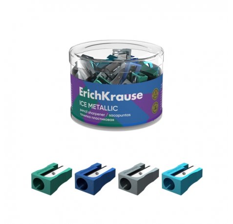 ErichKrause EasySharp Ice Metallic Sacapuntas de Plastico - Cuchilla Niquelada de Acero al Carbono - Orificio de 8mm - Colores Surtidos (60 uds)