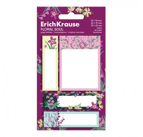 ErichKrause Floral Soul Pack de 4 Blocs de 20 Marcadores de Pagina - Reposicionables - Papel de 75g/m2 - 3 Formatos Diferentes - Colores Surtidos