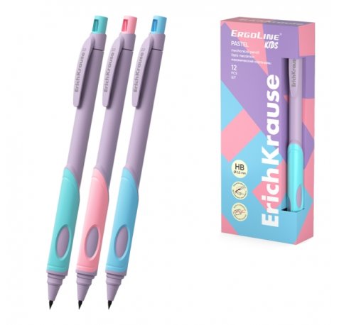 ErichKrause ErgoLine Kids Pastel Portaminas - Mina HB de 2.0mm - Sacapuntas Integrado - Ergonomico - Colores Surtidos (12 uds)