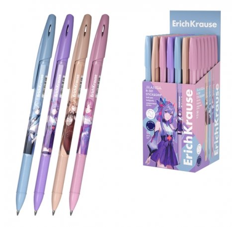 ErichKrause R-301 Stick and Grip Manga Boligrafo con Capuchon - Modelos Surtidos - Trazo 0.35mm - Zona de Agarre de Goma - Tinta de Secado Rapido - Tapa Ventilada - Color Azul (50 uds)