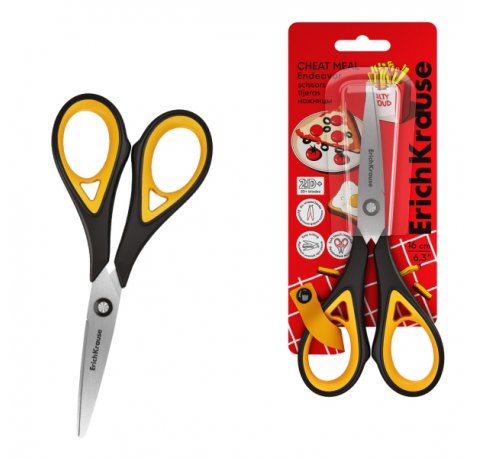 ErichKrause Endeavor Cheat Meal Tijeras de 16cm - Mangos de Plastico y Goma Antideslizante - Cuchillas en Forma de Arco - Ergonomicas - Acero Inoxidable - Color Negro