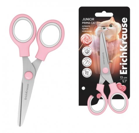ErichKrause Junior Prima Cat Tijeras de 13cm - Mangos de Plastico Resistente a Golpes - Ergonomicas - Color Rosa