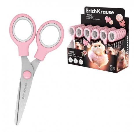 ErichKrause Junior Prima Cat Expositor con 24 Tijeras de 13cm - Mangos de Plastico Resistente a Golpes - Ergonomicas - Color Rosa