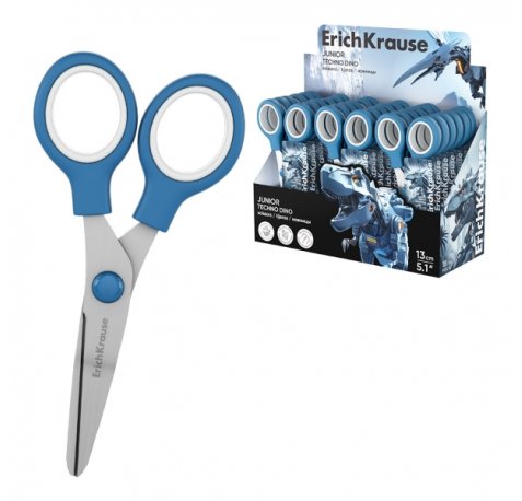 ErichKrause Junior Techno Dino Expositor con 18 Tijeras de 13cm - Mangos de Plastico Resistente a Golpes - Ergonomicas - Color Azul