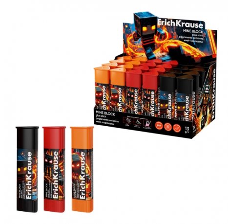 ErichKrause Prism Mine Block Expositor con 24 Pegamentos en Barra - 13g - Adhesion Fuerte - Multisuperficie - Color Blanco