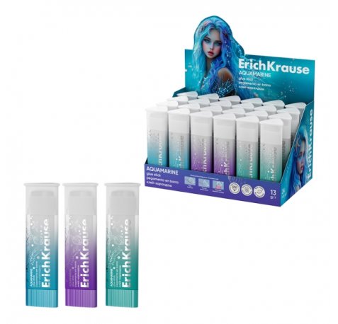 ErichKrause Prism Aquamarine Expositor con 24 Pegamentos en Barra - 13g - Adhesion Fuerte - Secado Rapido - Multisuperficie - Color Transparente