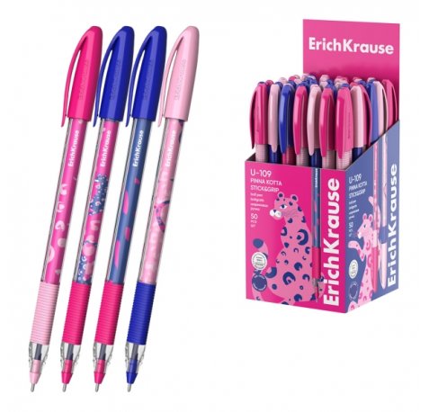ErichKrause U-109 Stick and Grip Pinna Kotta Boligrafo con Capuchon - Modelos Surtidos - Trazo 0.3mm - Zona de Agarre de Goma - Tinta de Baja Viscosidad - Tapa Ventilada - Color Azul (50 uds)