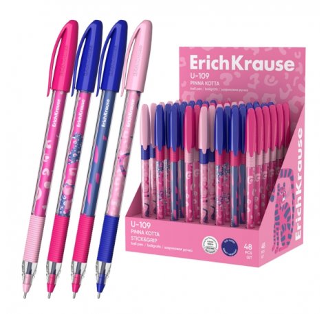 ErichKrause U-109 Stick and Grip Pinna Kotta Expositor con 48 Boligrafos con Capuchon - Modelos Surtidos - Trazo 0.3mm - Zona de Agarre de Goma - Tinta de Baja Viscosidad - Tapa Ventilada - Color Azul