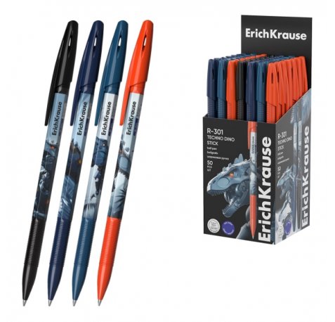 ErichKrause R-301 Stick Techno Dino Boligrafo con Capuchon - Modelos Surtidos - Trazo 0.35mm - Tinta de Secado Rapido - Tapa Ventilada - Color Azul (50 uds)