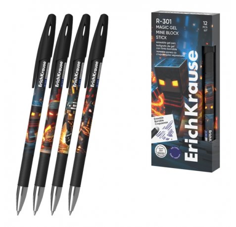 ErichKrause R-301 Magic Gel Stick Mine Block Boligrafo Borrable - Modelos Surtidos - Trazo 0.4mm - Tinta de Gel - Resistente al Agua - Secado Rapido - Color Azul (12 uds)