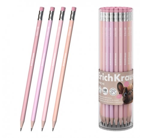 ErichKrause Frenchie Lapiz de Grafito con Goma de Borrar - Mina HB - Cuerpo Triangular - Agarre Ergonomico - Colores Surtidos (42 uds)