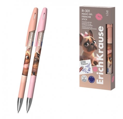 ErichKrause R-301 Magic Gel Stick Frenchie Boligrafo Borrable - Modelos Surtidos - Trazo 0.4mm - Tinta de Gel - Resistente al Agua - Secado Rapido - Color Azul (12 uds)