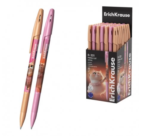 ErichKrause R-301 Stick Prima Cat Boligrafo con Capuchon - Modelos Surtidos - Trazo 0.35mm - Tinta de Secado Rapido - Tapa Ventilada - Color Azul (50 uds)