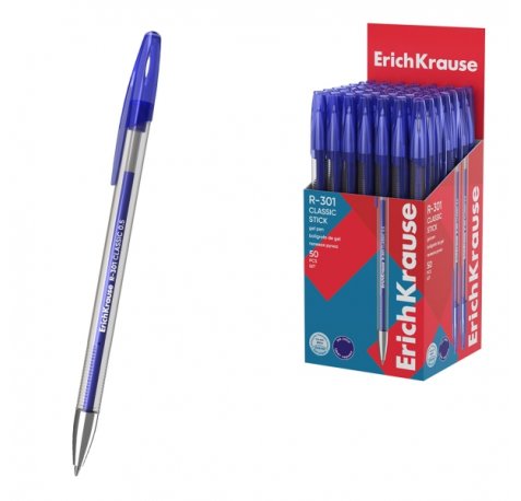 ErichKrause R-301 Gel Stick Classic Boligrafo con Capuchon - Punta de 0.5mm - Trazo 0.4mm - Tinta de Gel - Resistente al Agua - Secado Rapido - Color Azul (50 uds)