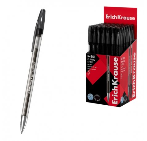 ErichKrause R-301 Gel Stick Classic Boligrafo con Capuchon - Punta de 0.5mm - Trazo 0.4mm - Tinta de Gel - Resistente al Agua - Secado Rapido - Color Negro (50 uds)