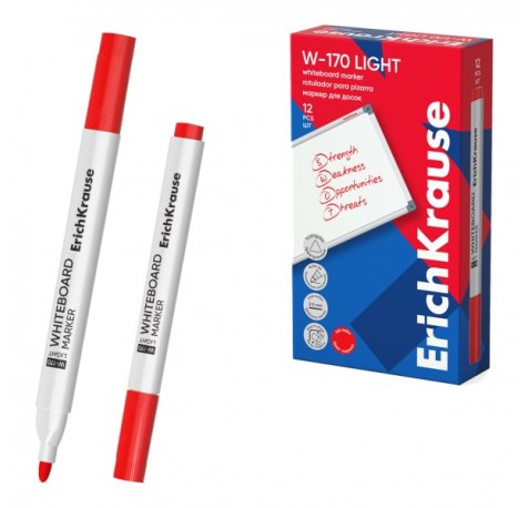ErichKrause W-170 Light Rotulador para Pizarra Blanca - Facil de Borrar - Punta Conica - Trazo de 2.5mm - Secado Rapido - Cuerpo Triangular - Color Rojo (12 uds)