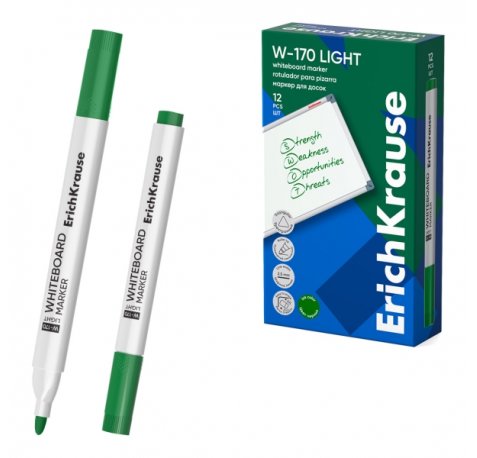 ErichKrause W-170 Light Rotulador para Pizarra Blanca - Facil de Borrar - Punta Conica - Trazo de 2.5mm - Secado Rapido - Cuerpo Triangular - Color Verde (12 uds)