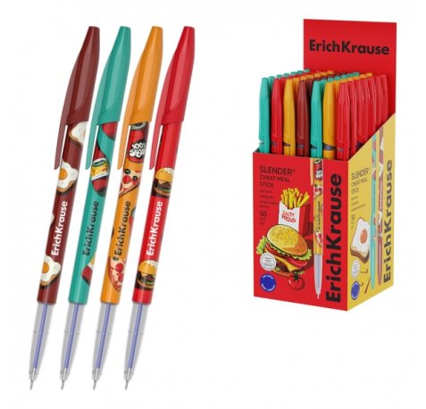 ErichKrause Stick Cheat Meal Boligrafo con Capuchon - Modelos Surtidos - Trazo 0.26mm - Tinta de Baja Viscosidad - Tapa Ventilada - Color Azul (50 uds)