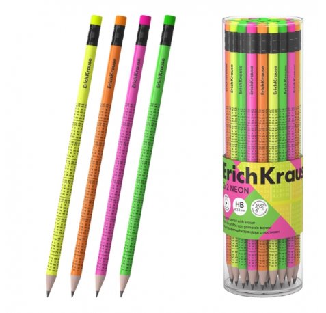 ErichKrause 2x2 Neon Lapiz de Grafito con Goma de Borrar - Mina HB de 2.2mm - Cuerpo Redondo - Colores Surtidos (42 uds)