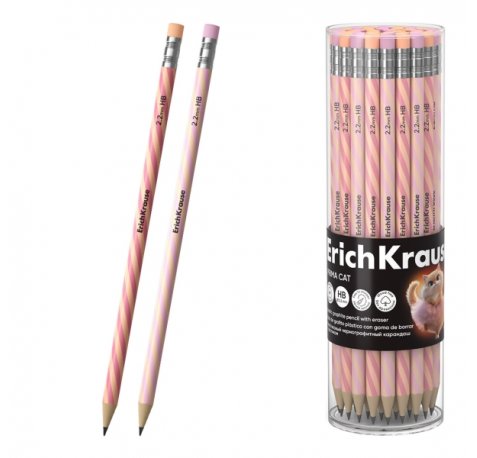 ErichKrause Prima Cat Lapiz de Grafito con Goma de Borrar - Mina HB - Cuerpo Redondo - Plastico - Agarre Ergonomico - Colores Surtidos (42 uds)