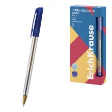 ErichKrause ULTRA-100 Gold Stick Classic Boligrafo con Capuchon - Punta de Aguja 0.5mm - Cuerpo Transparente - Trazo 0.25mm - Tinta de Baja Viscosidad - Color Azul (12 uds)