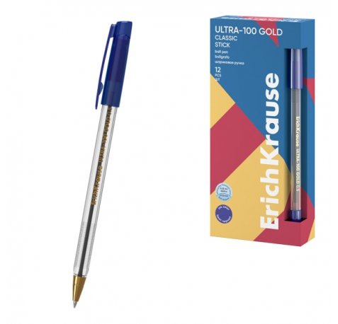 ErichKrause ULTRA-100 Gold Stick Classic Boligrafo con Capuchon - Punta de Aguja 0.5mm - Cuerpo Transparente - Trazo 0.25mm - Tinta de Baja Viscosidad - Color Azul (12 uds)